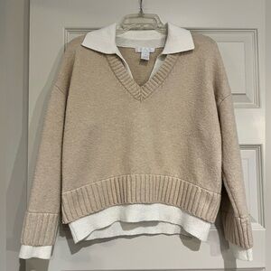 Design History Tan and Cream V-Neck Twofer Airstream Combo Sweater